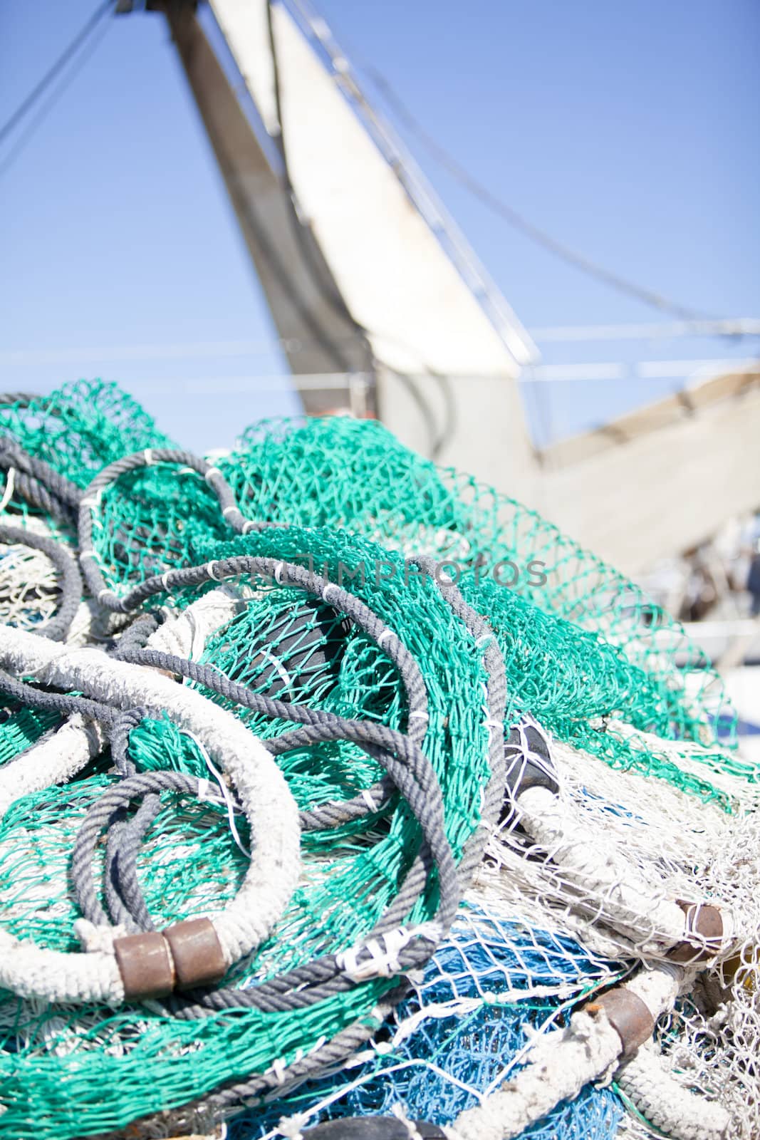 fishnet trawl rope putdoor in summer at harbour fishing