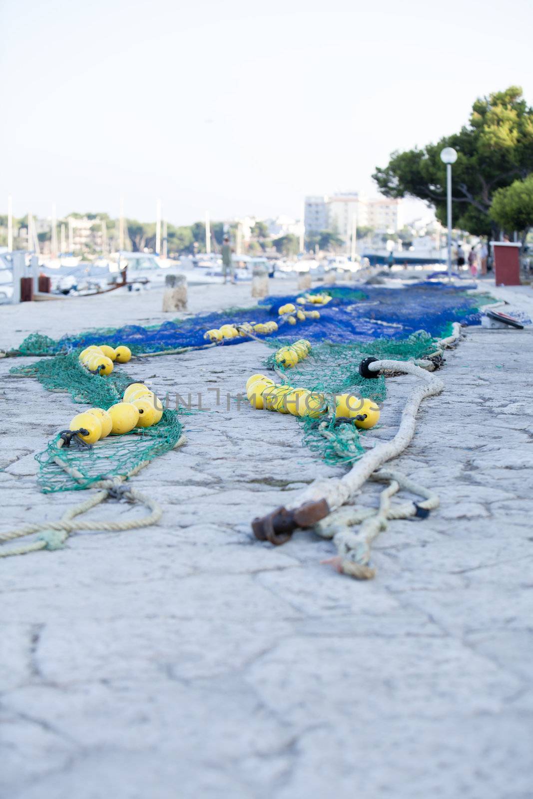 fishnet trawl rope putdoor in summer at harbour fishing