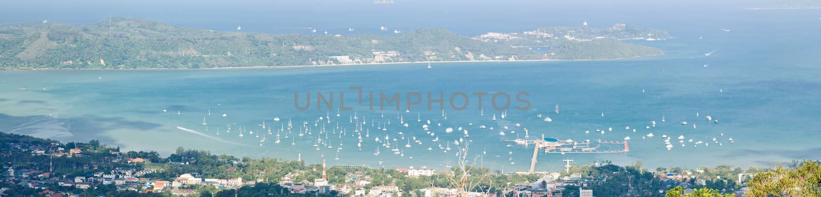 Aerial Panorama View of Chalong Bay Beach Pier Phuket Andaman sea Thailand