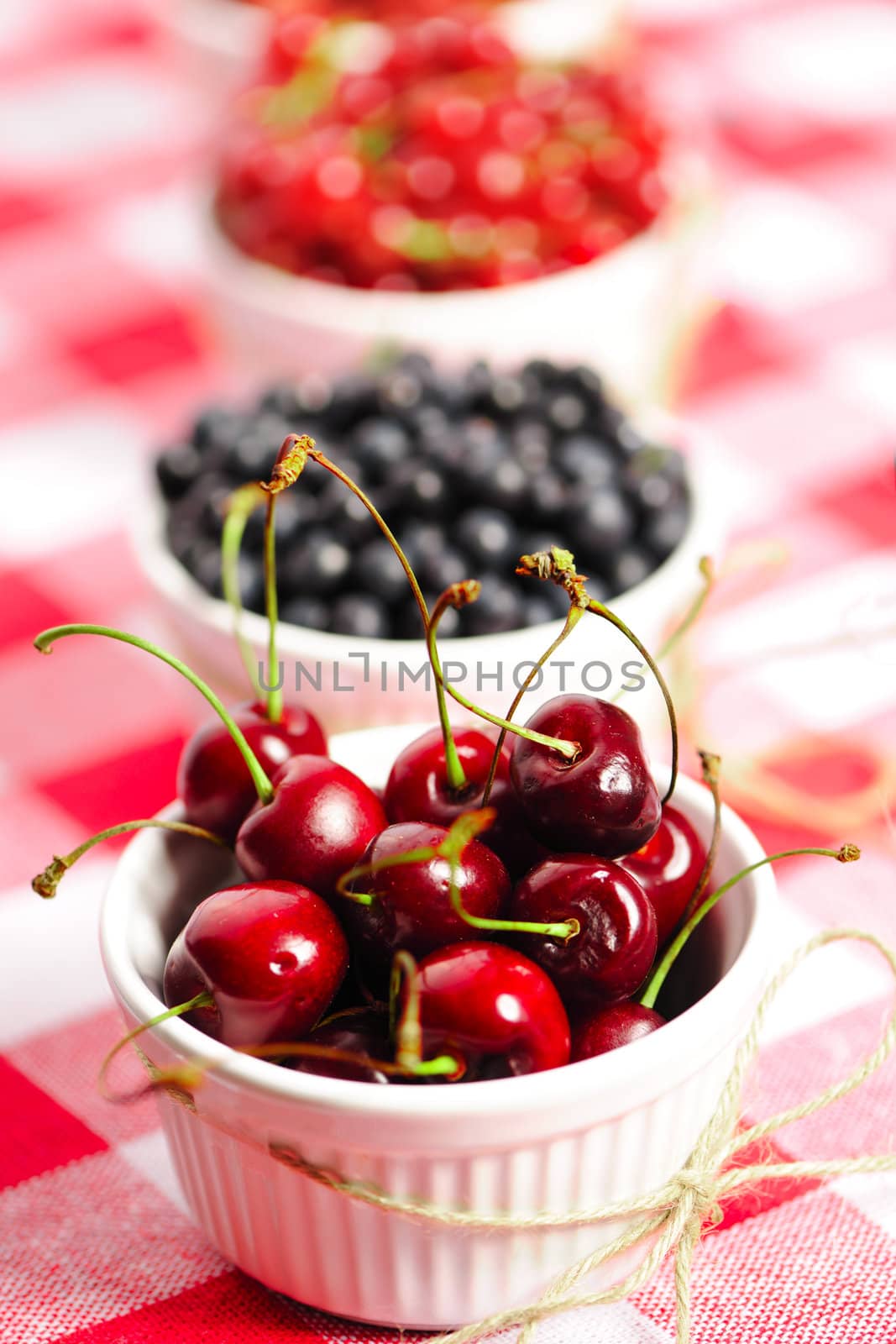 Wild berries in bowls - blueberry, cherry, strawberry