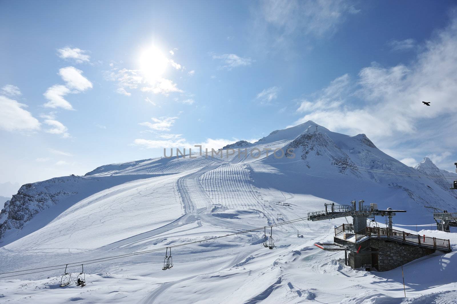 Ski lift station in mountains at winter, Val-d'Isere, Alps, France