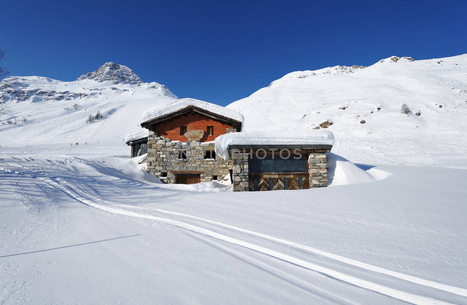 Mountain ski resort with snow in winter, Val-d'Isere, Alps, France