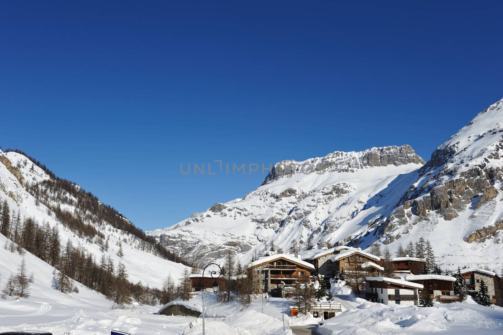 Mountain ski resort with snow in winter, Val-d'Isere, Alps, France