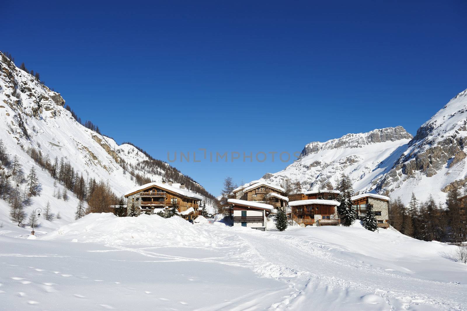 Mountain ski resort with snow in winter, Val-d'Isere, Alps, France