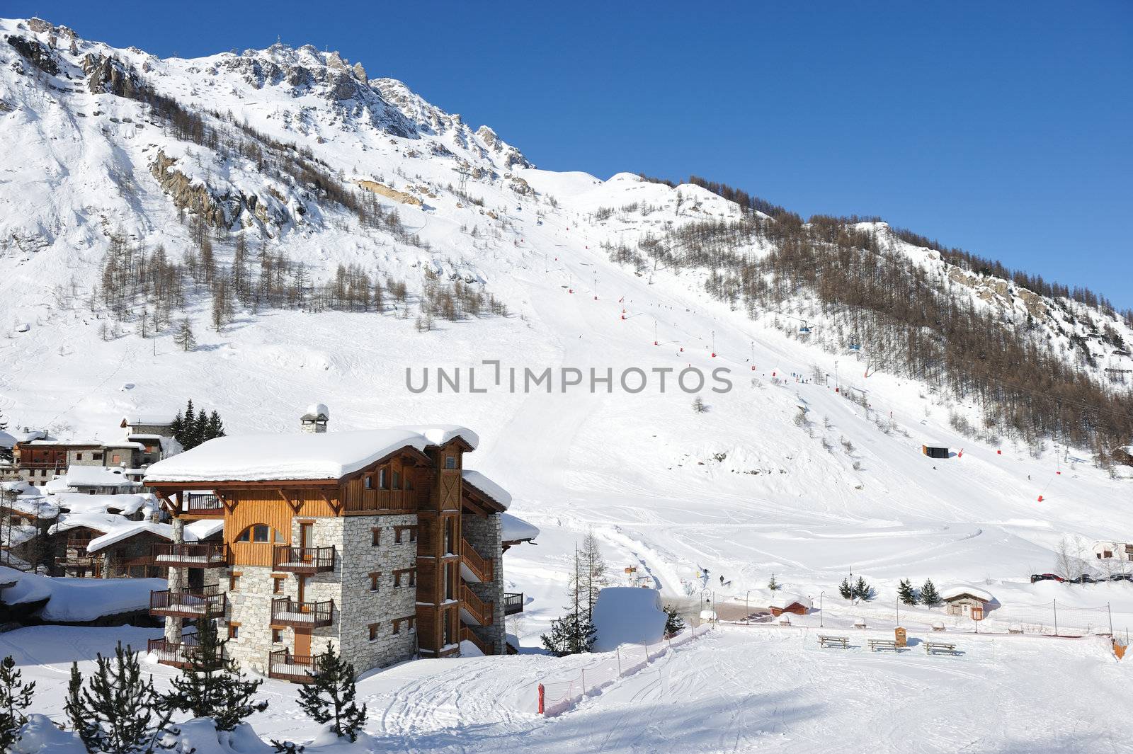 Mountain ski resort with snow in winter, Val-d'Isere, Alps, France