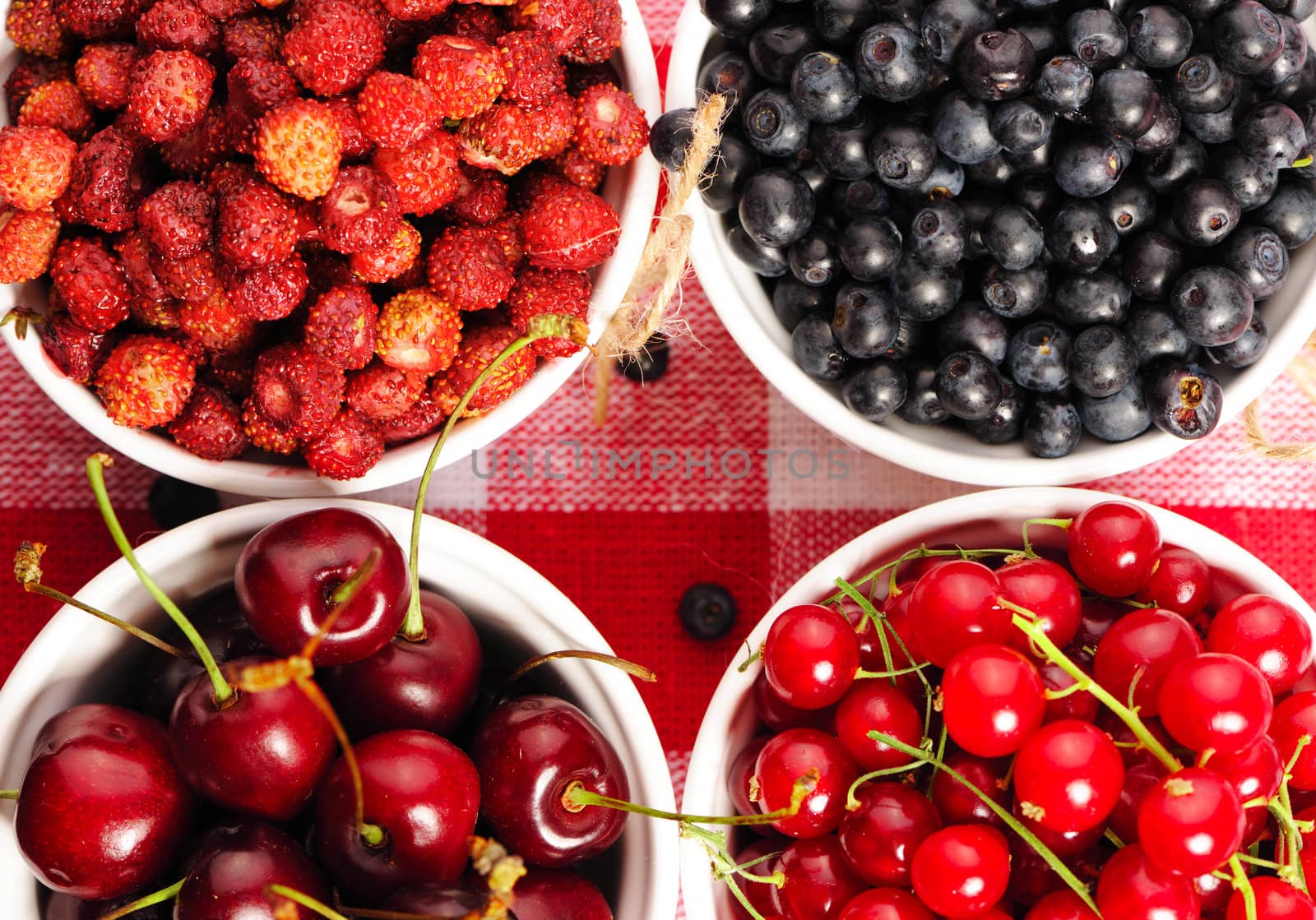Wild berries in bowls - blueberry, redcurrant, cherry, strawberry