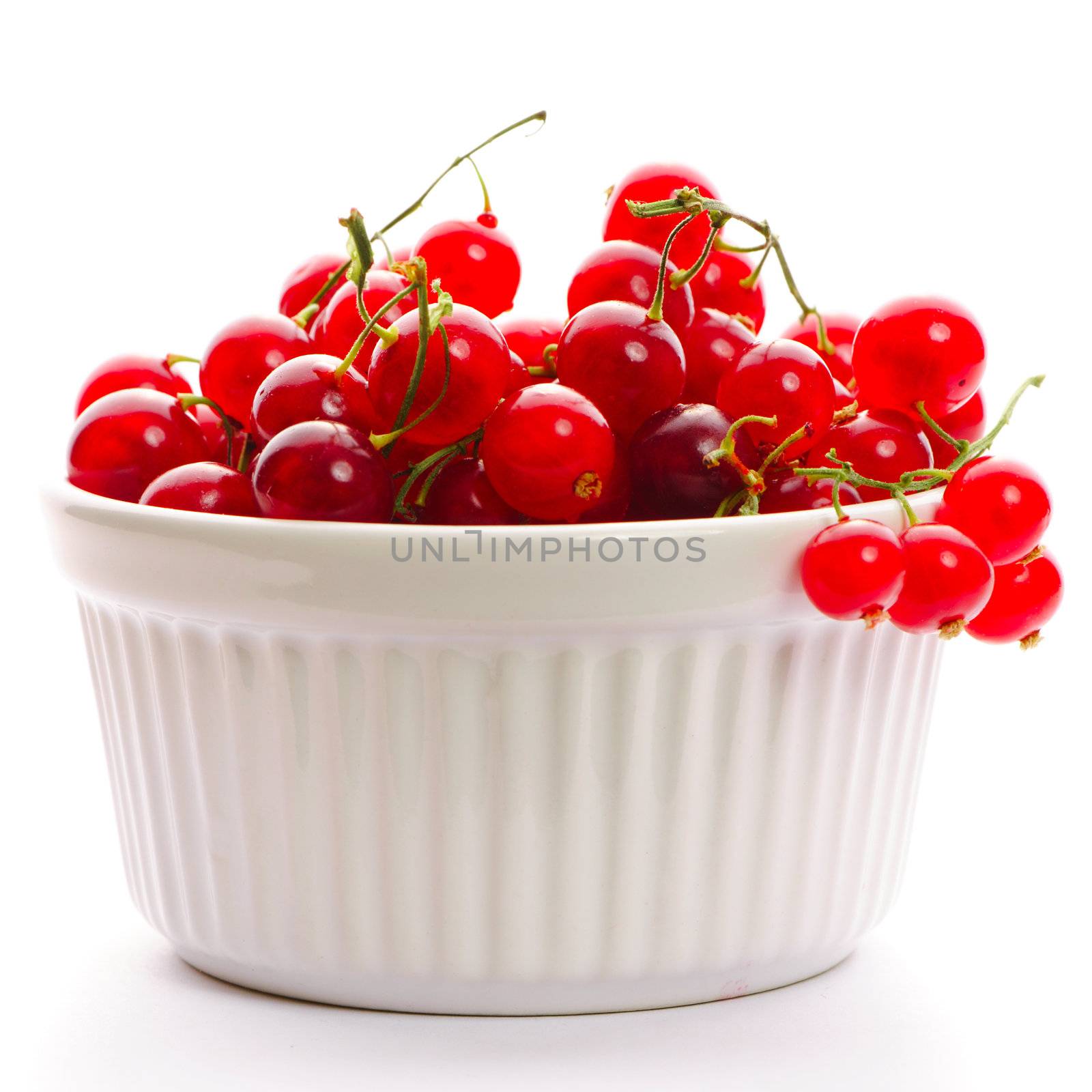 Redcurrant in bowl isolated on white