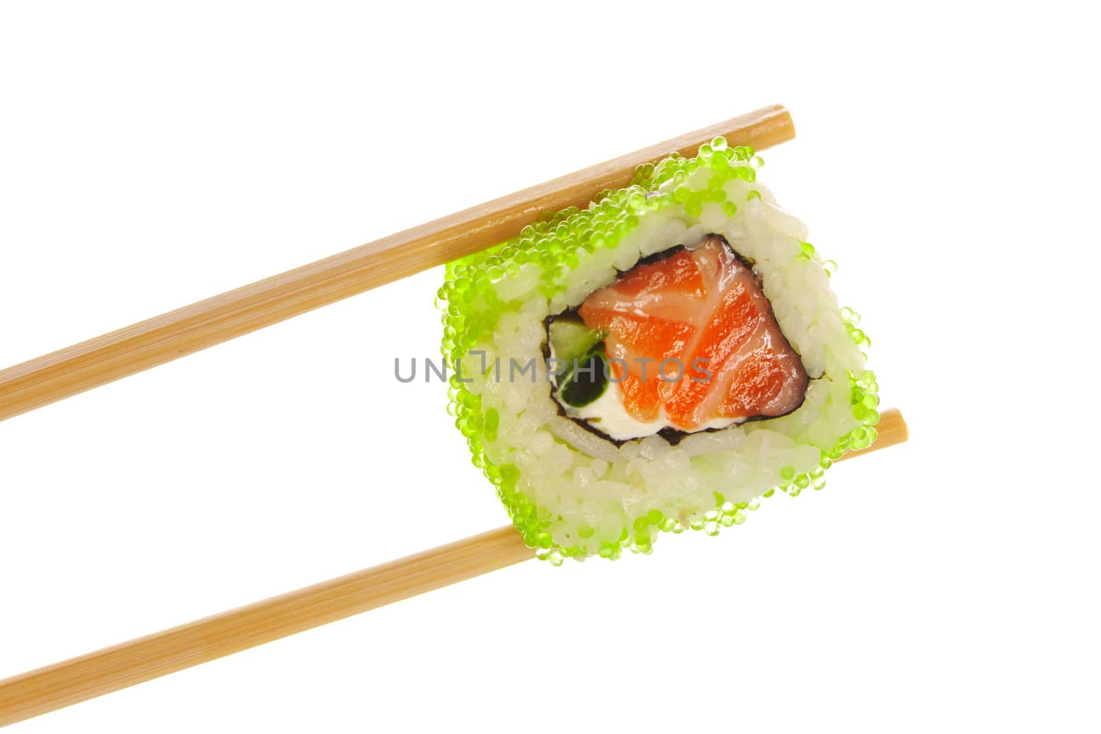 Sushi roll with chopsticks isolated on white background