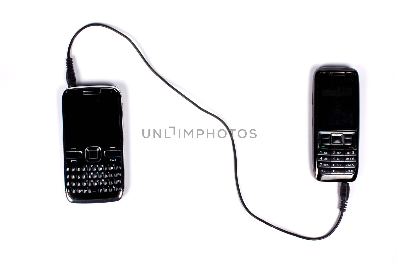 A metaphorical image of the connectivity in between and old cellphone and a new QWERTY smartphone