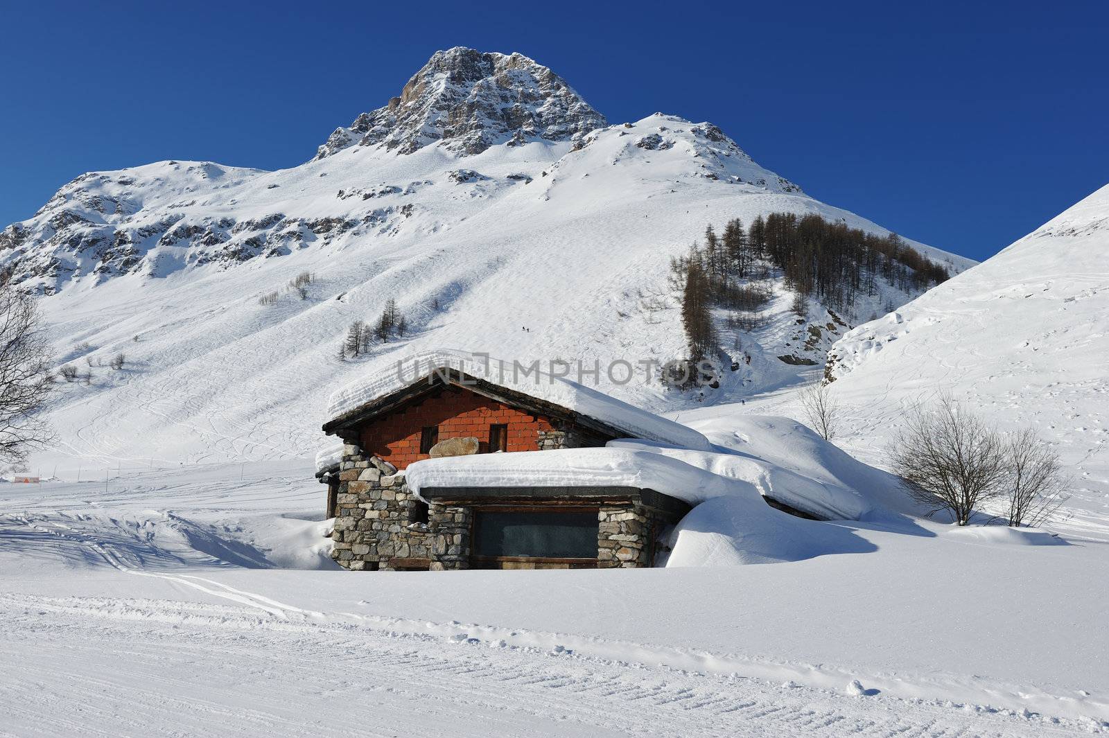 Mountain ski resort with snow in winter, Val-d'Isere, Alps, France