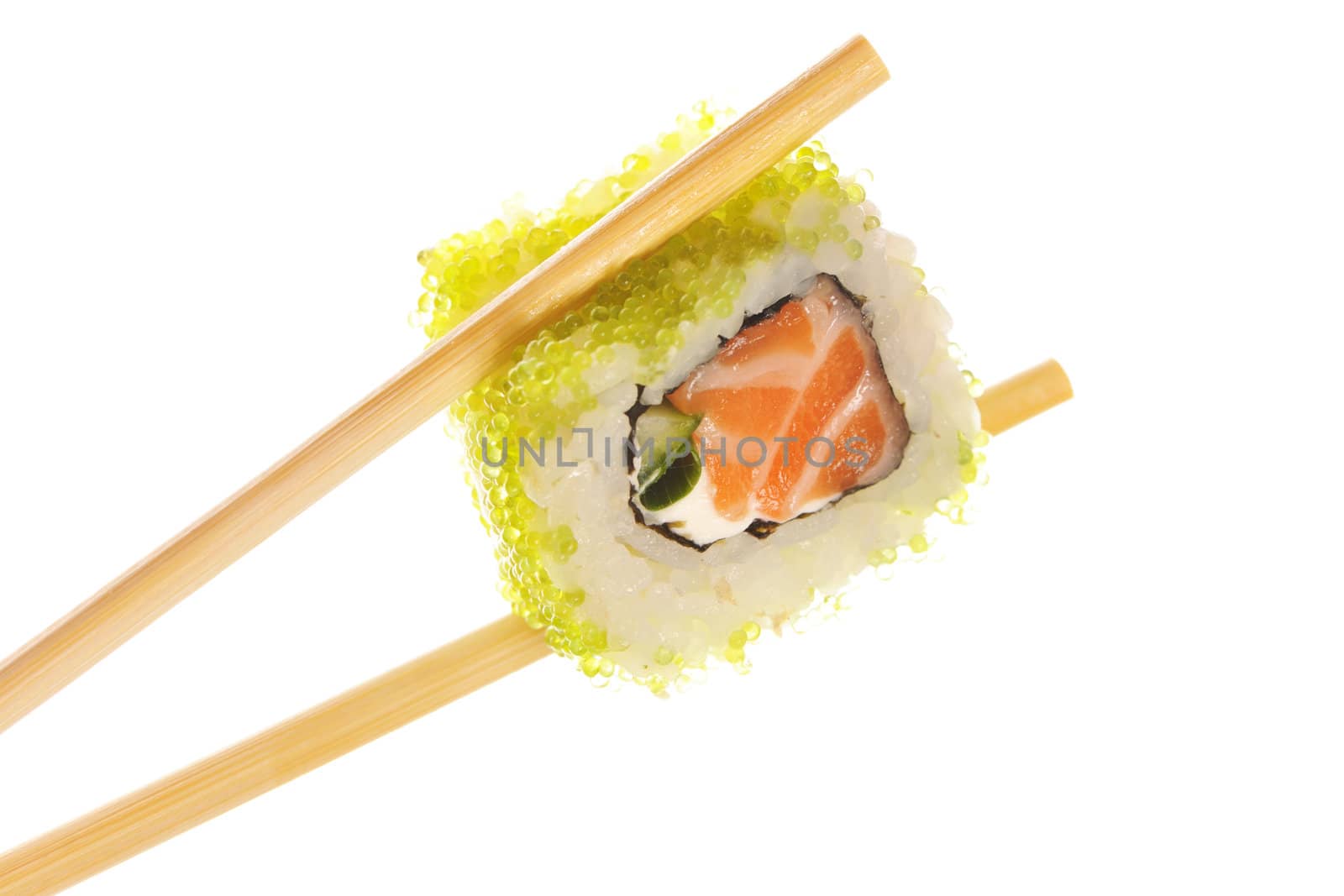 Sushi roll with chopsticks isolated on white background