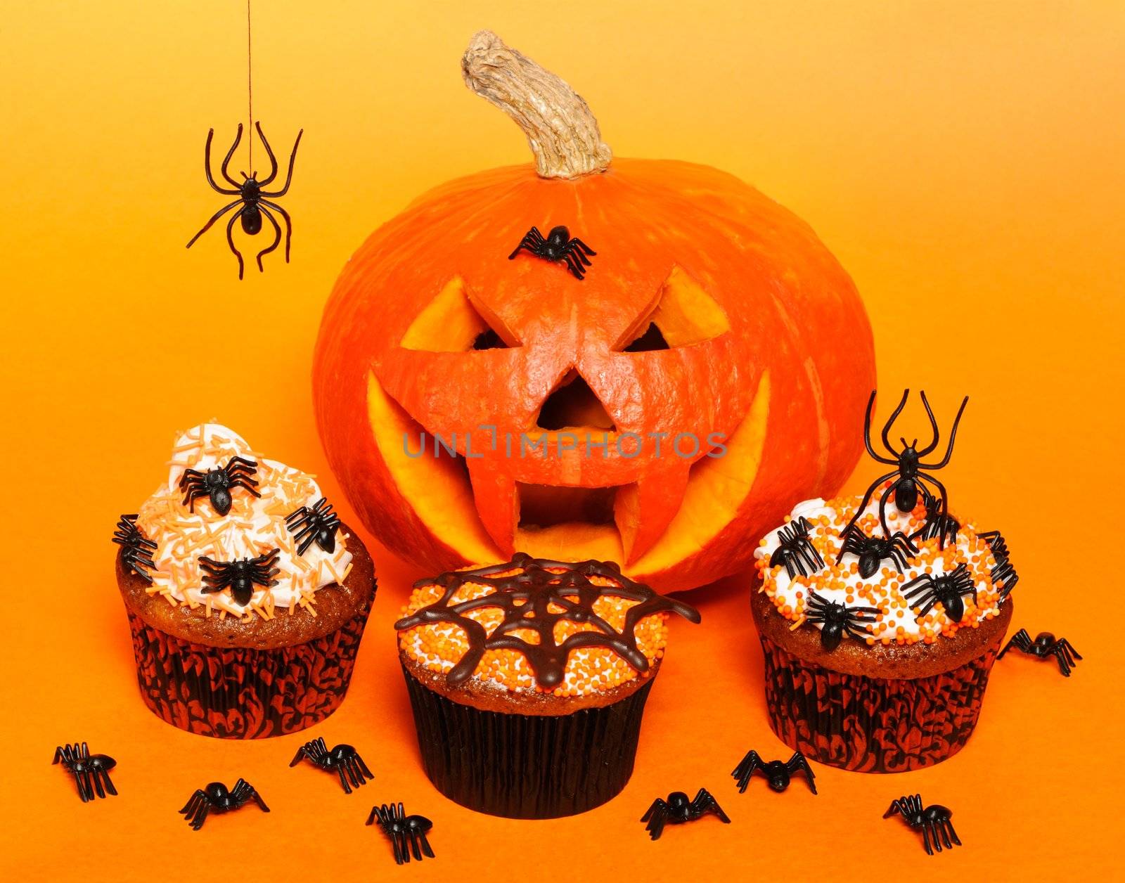 Halloween cupcakes with decoration over orange background