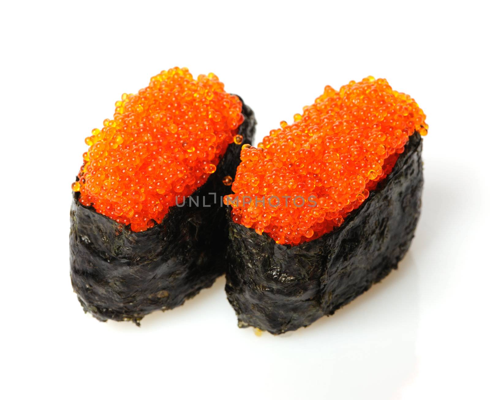 Tobiko sushi isolated on white background