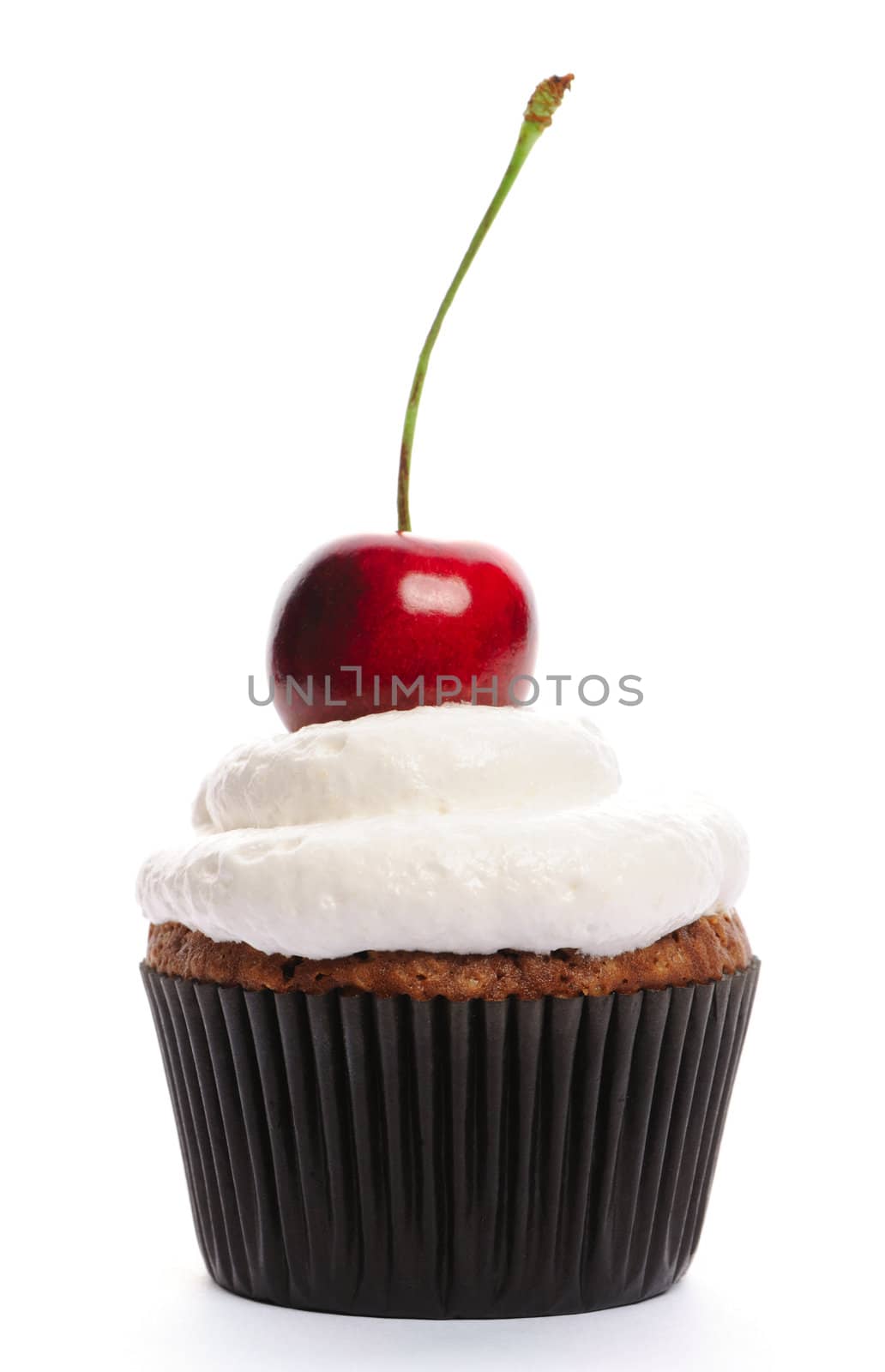 Cupcake with whipped cream and cherry isolated on white