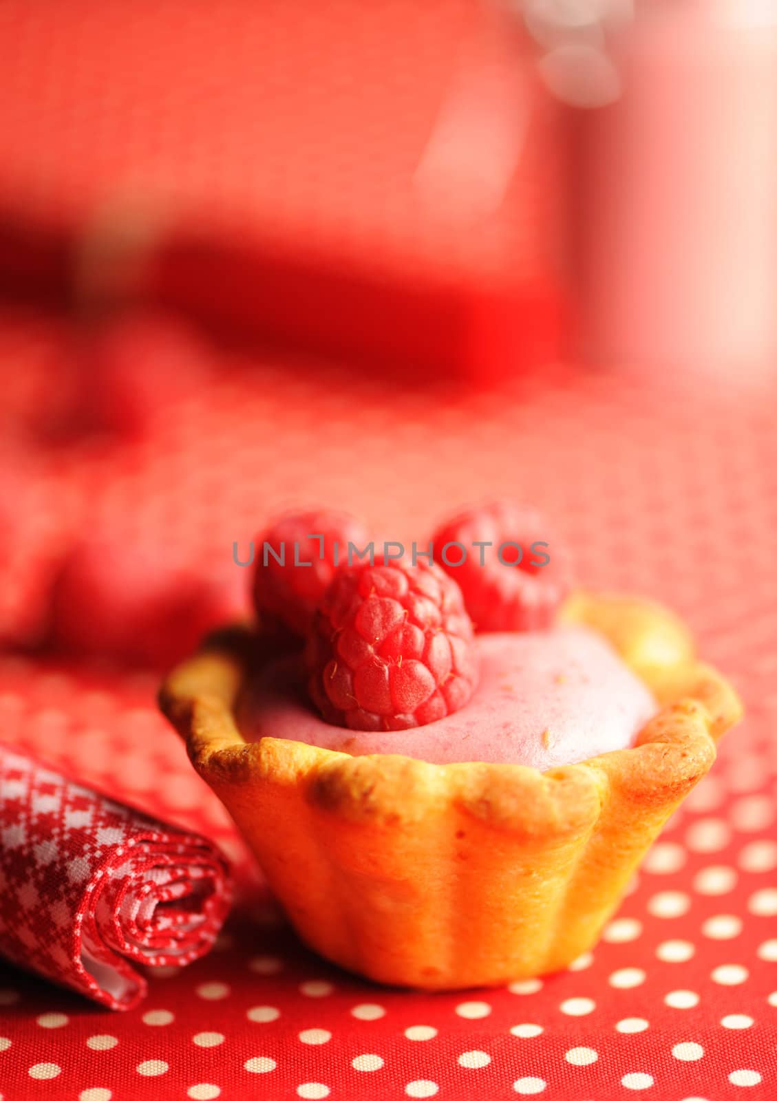 Cake with raspberry yogurt dessert with shallow DOF