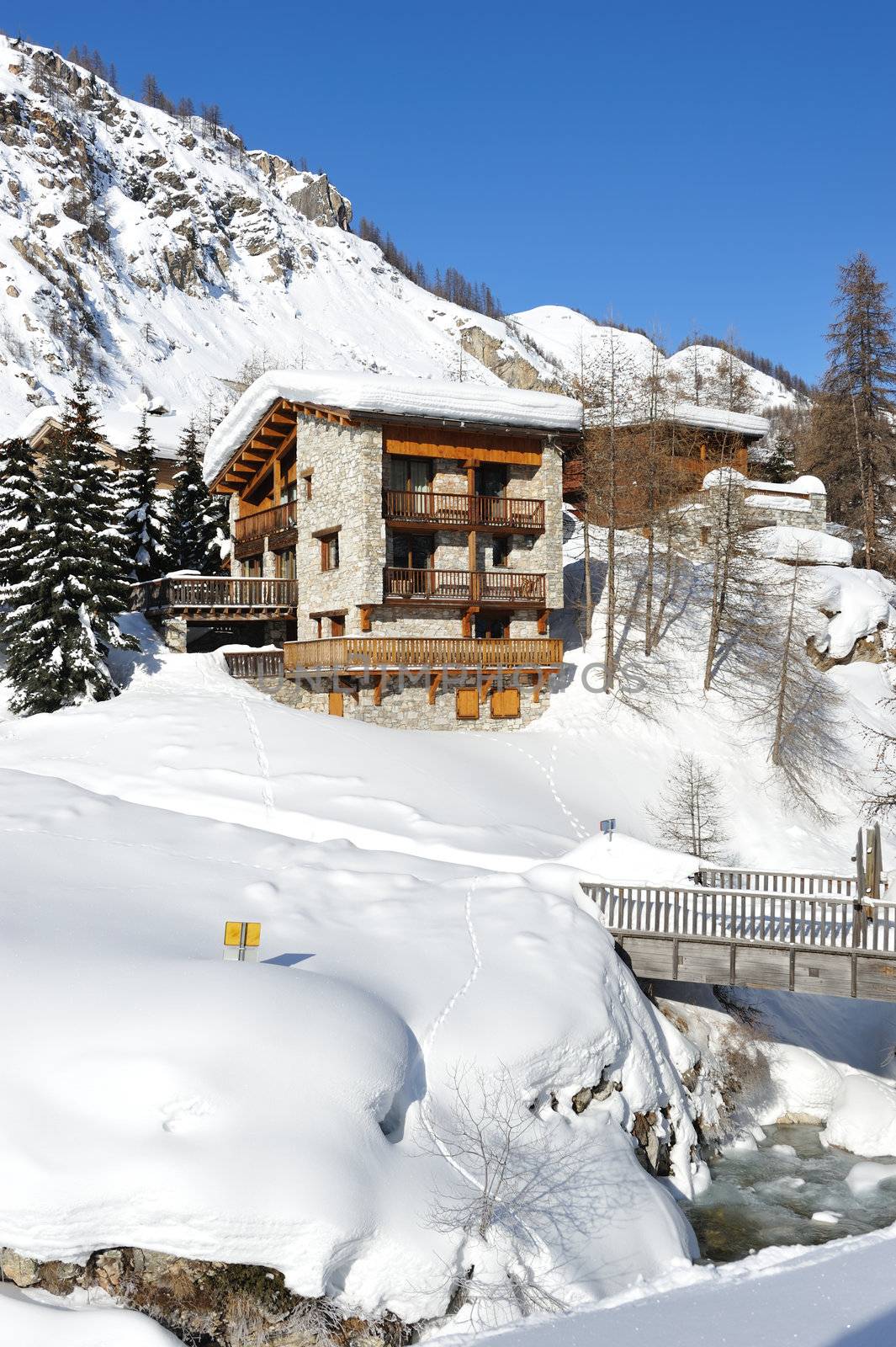 Mountain ski resort with snow in winter, Val-d'Isere, Alps, France