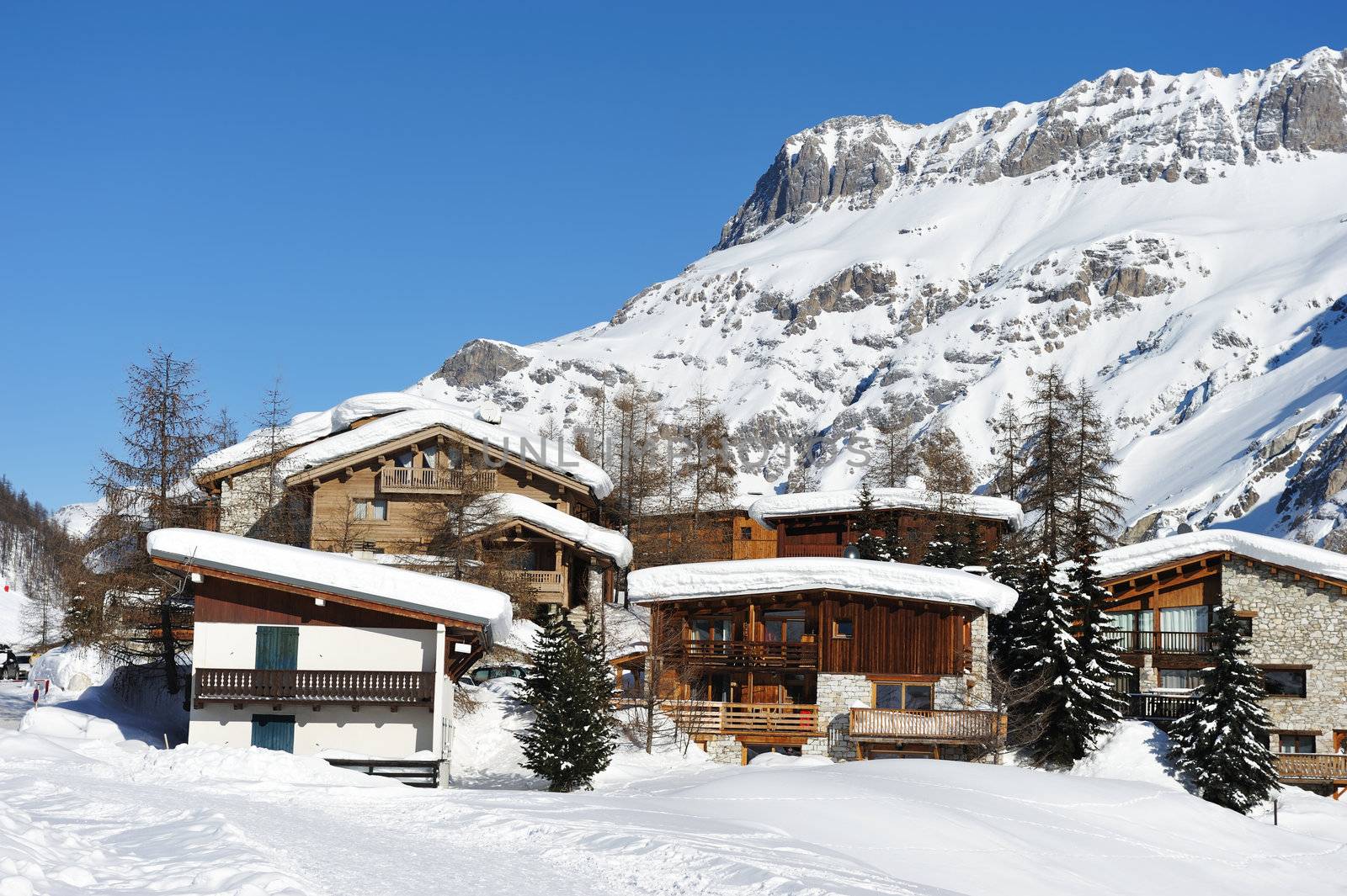 Mountain ski resort with snow in winter, Val-d'Isere, Alps, France