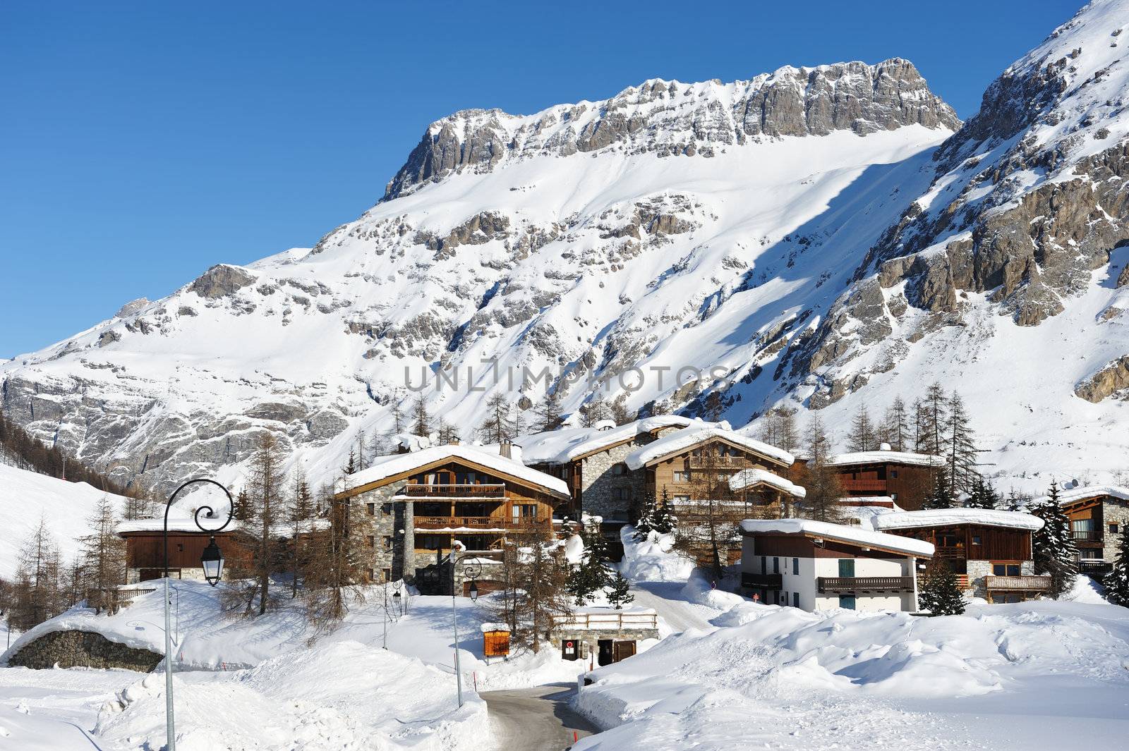 Mountain ski resort with snow in winter, Val-d'Isere, Alps, France