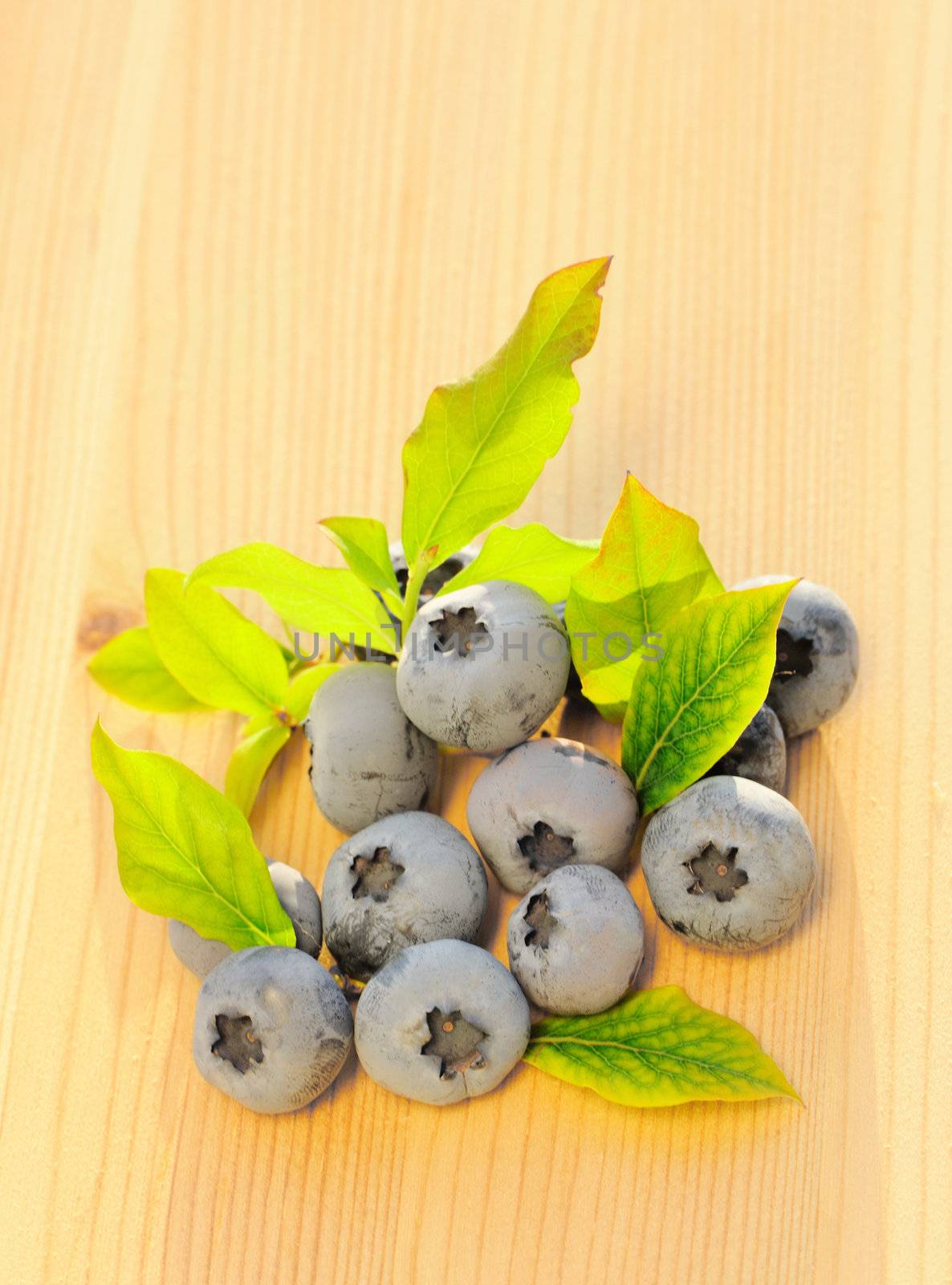 Blueberry with leafs on wooden table