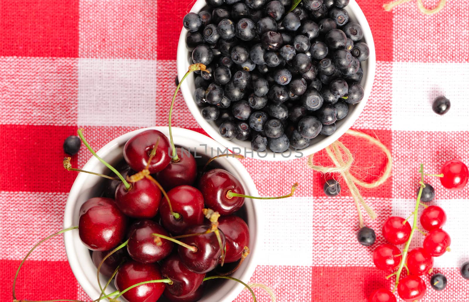 Wild berries in bowls - blueberry, redcurrant, cherry