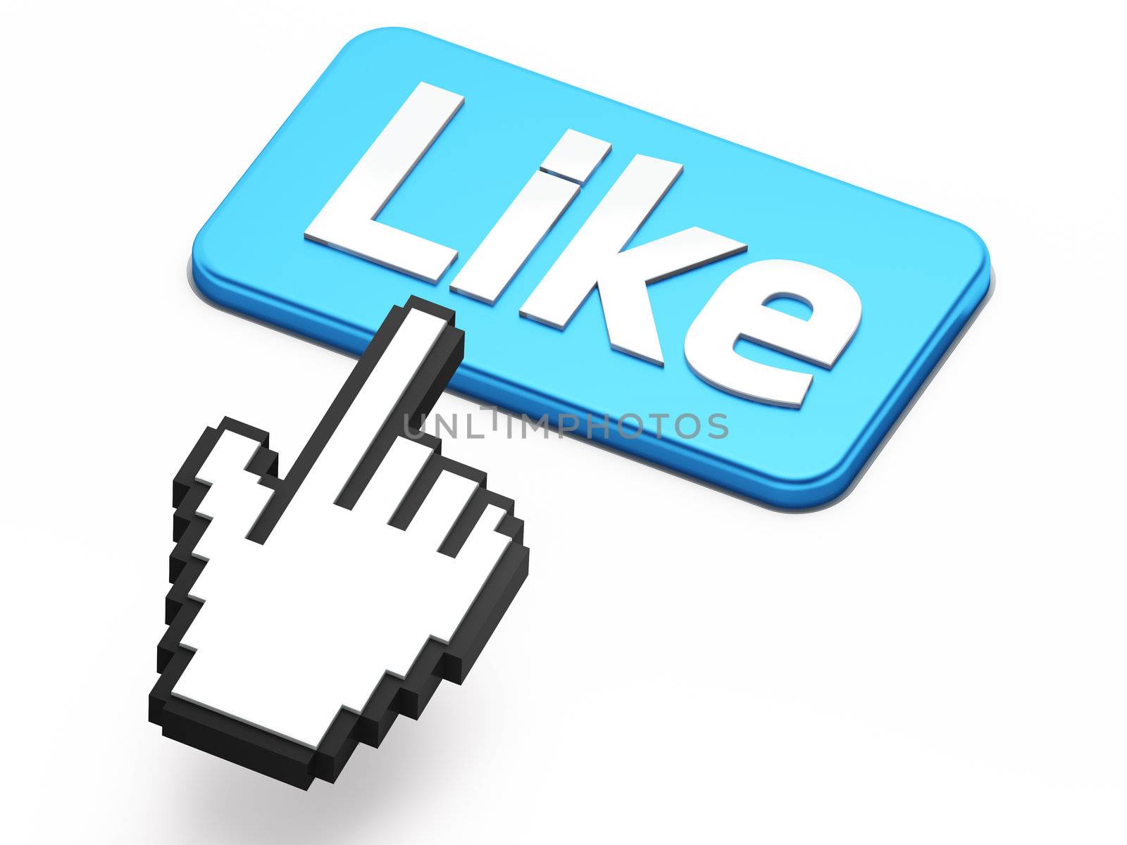 Hand-shaped mouse cursor press Like button on white background