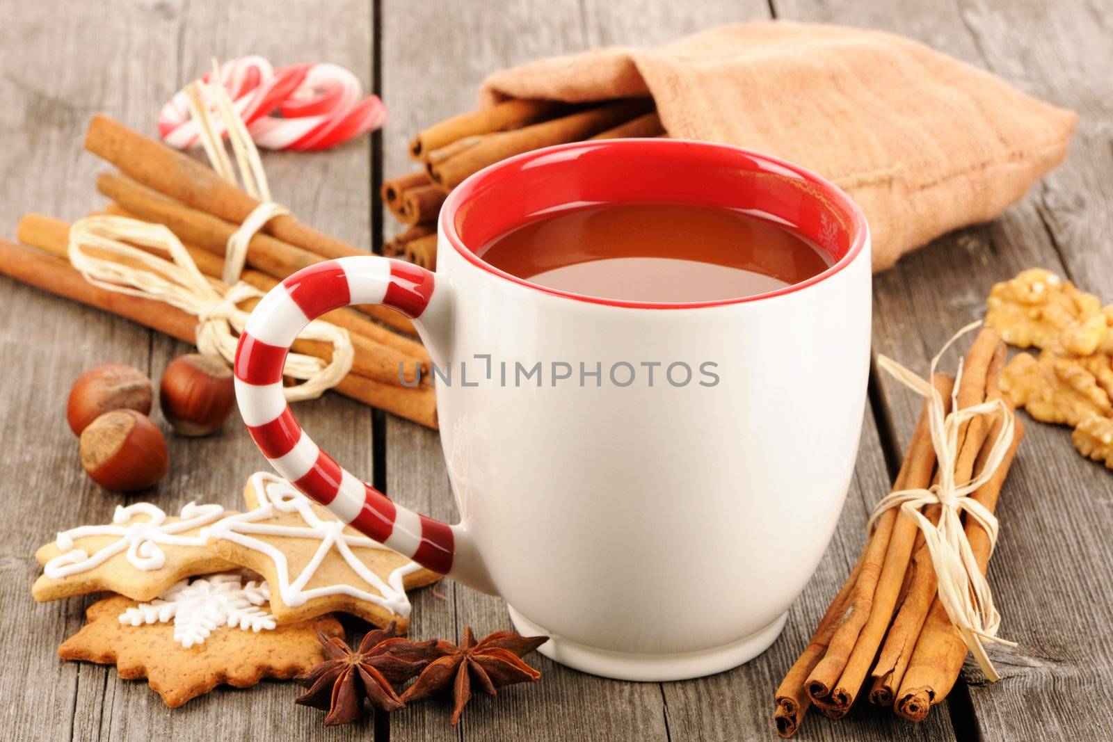 Mug of hot chocolate on wooden table