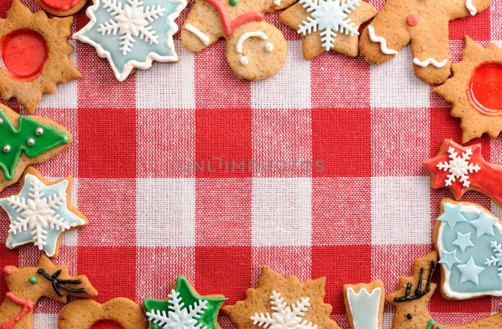 Christmas gingerbread cookies over tablecloth