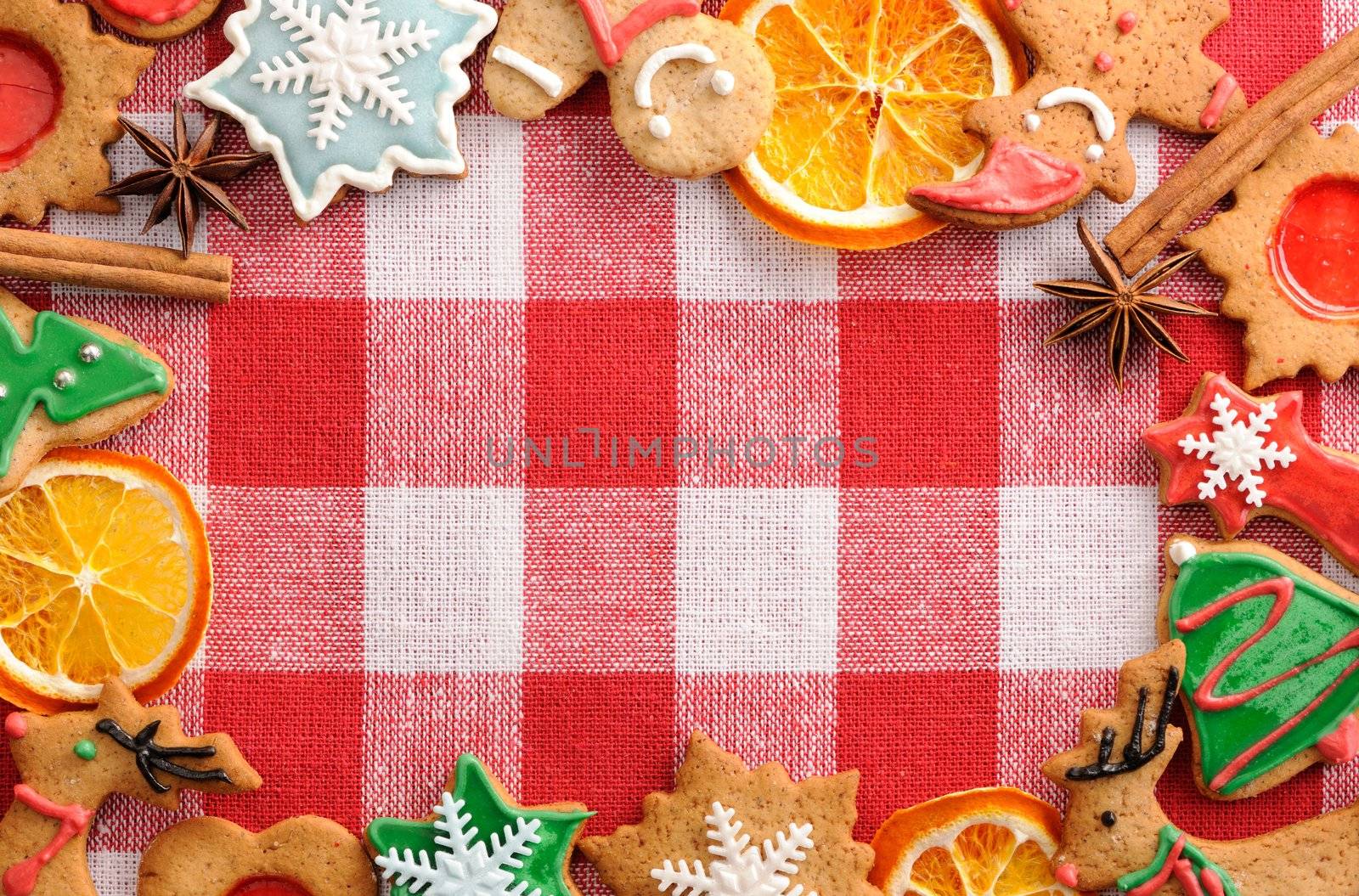 Christmas gingerbread cookies over tablecloth
