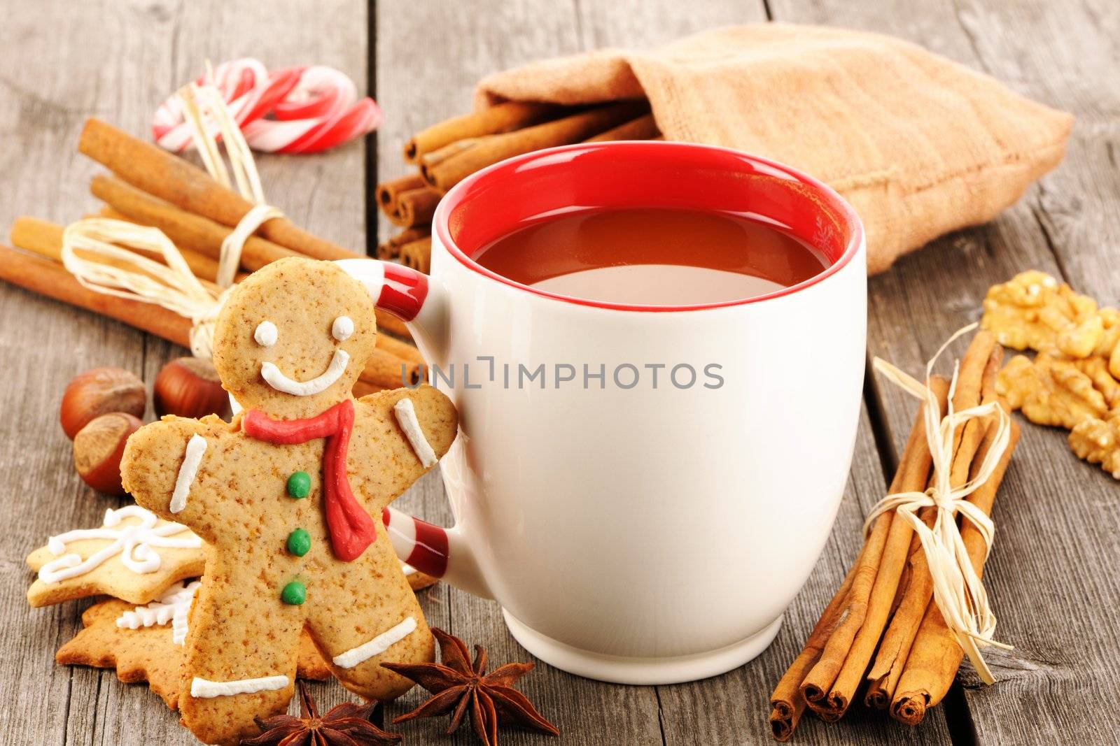 Mug of hot chocolate on wooden table
