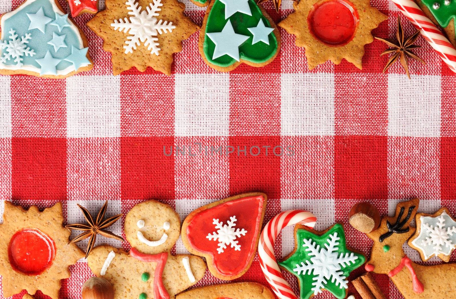 Christmas gingerbread cookies over tablecloth