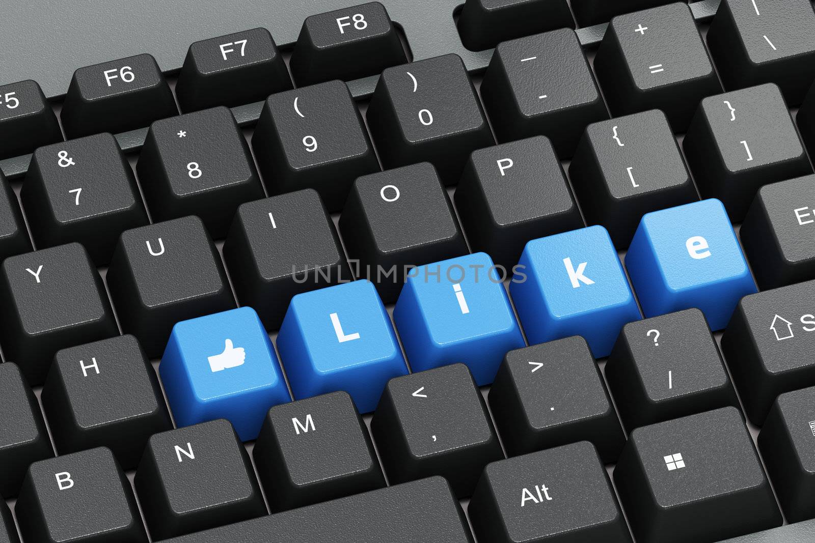 Black keyboard with blue Like buttons, social network concept