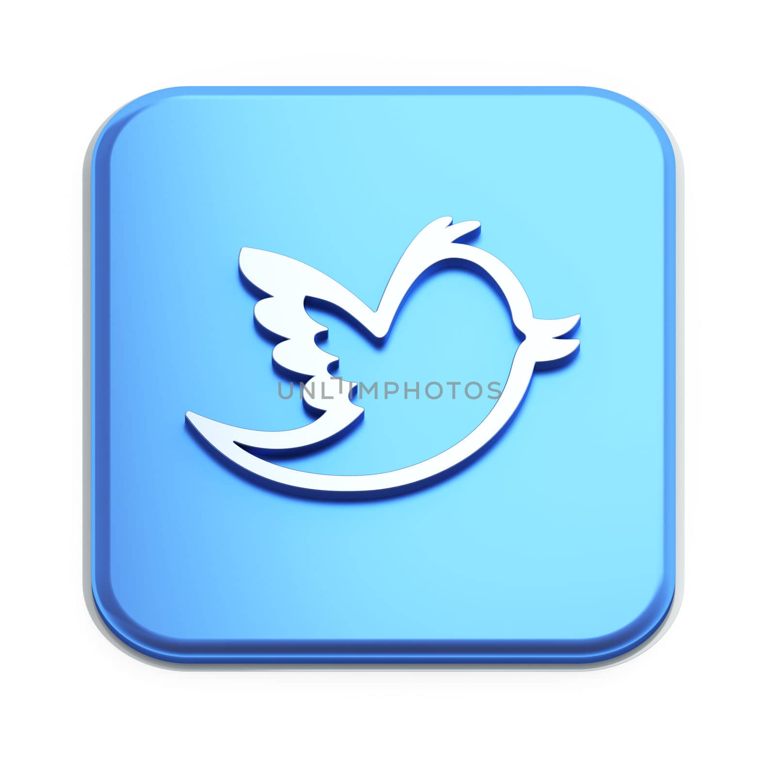 Blue  button with bird on white, 3d render