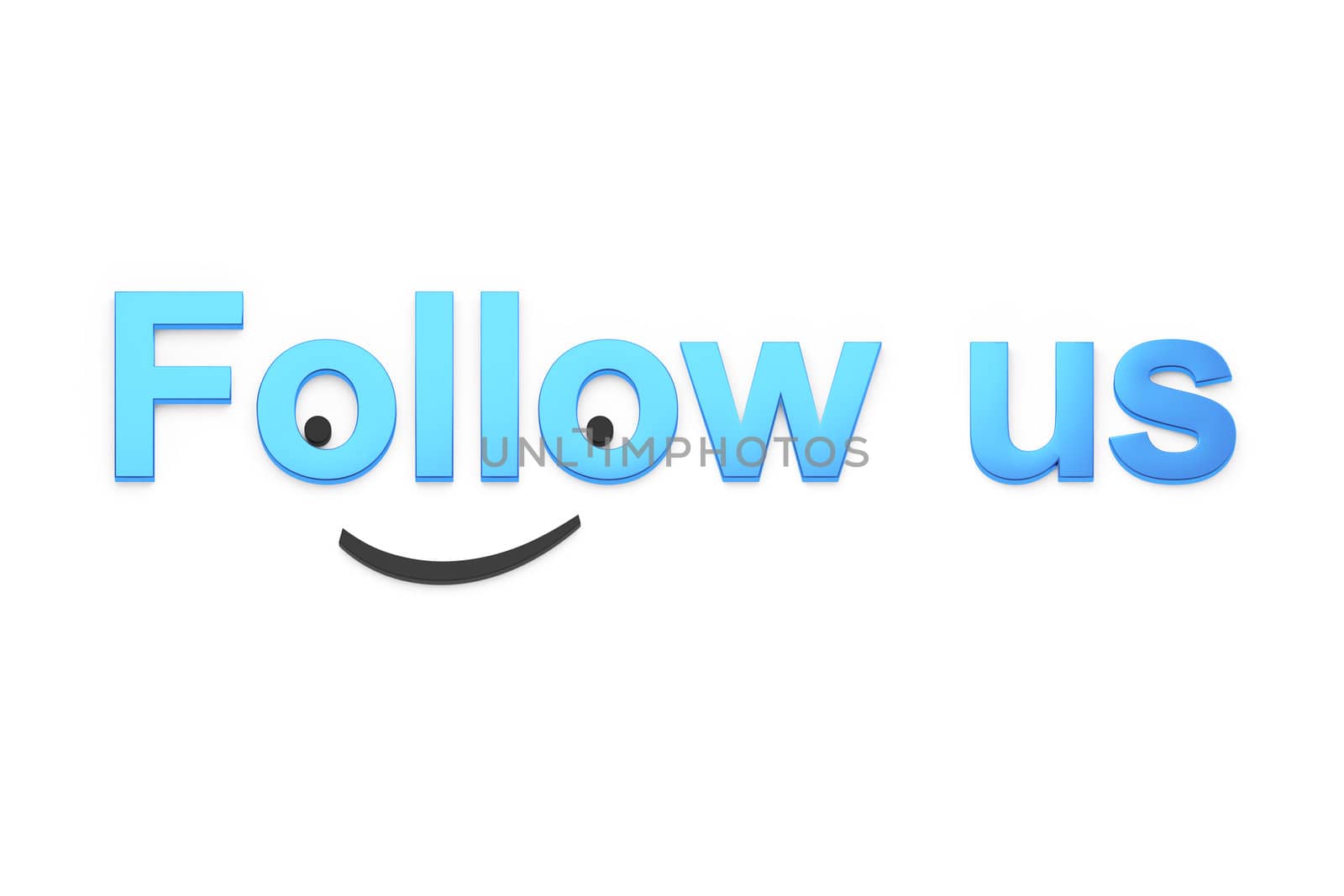 Blue Follow Us text with smiley on white, 3d render