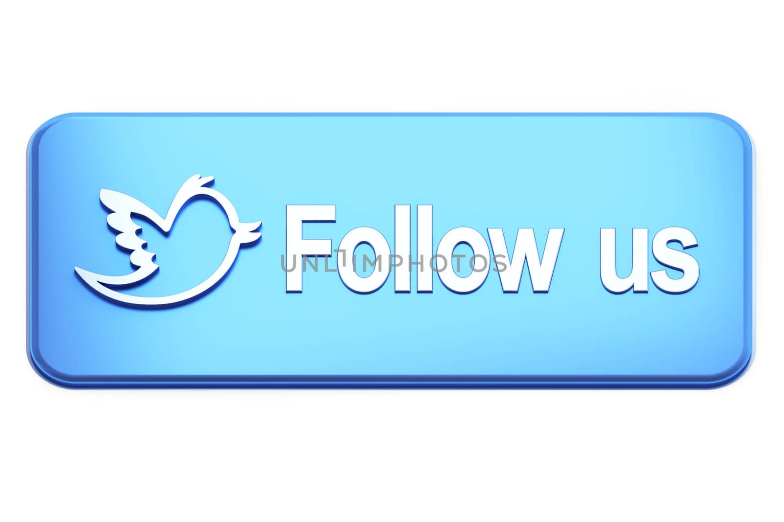 Blue  button with bird and Follow Us text on white, 3d render