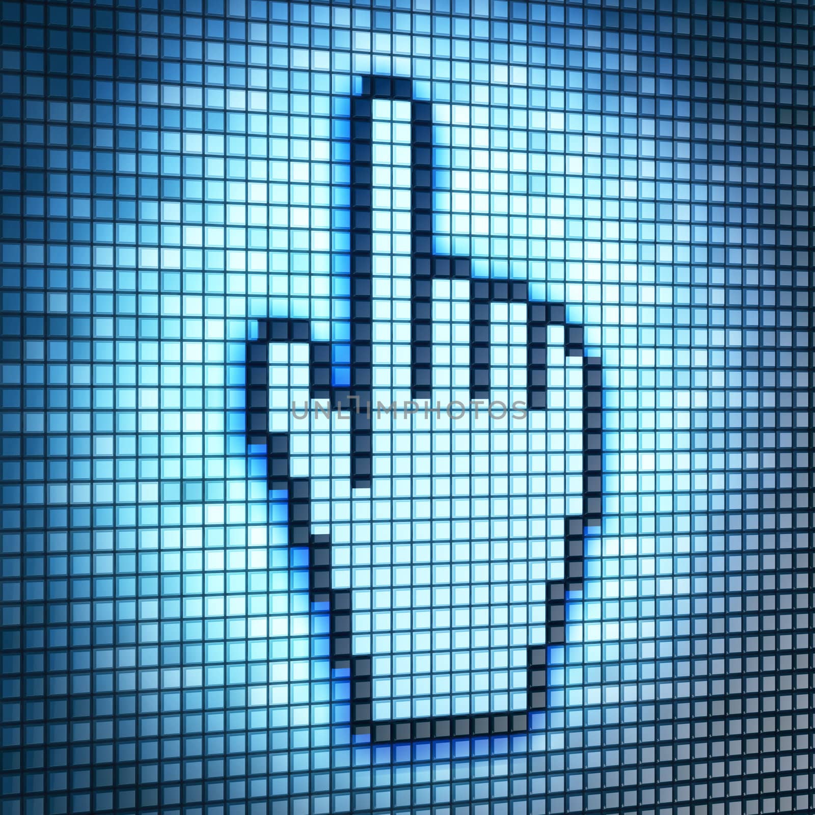 Screen with hand-shaped cursor on digital screen, 3d render