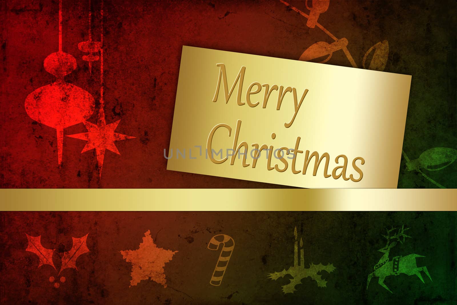 A modern and abstract Christmas Illustration: A golden paper with border on a grungy red-green background with Christmas elements.