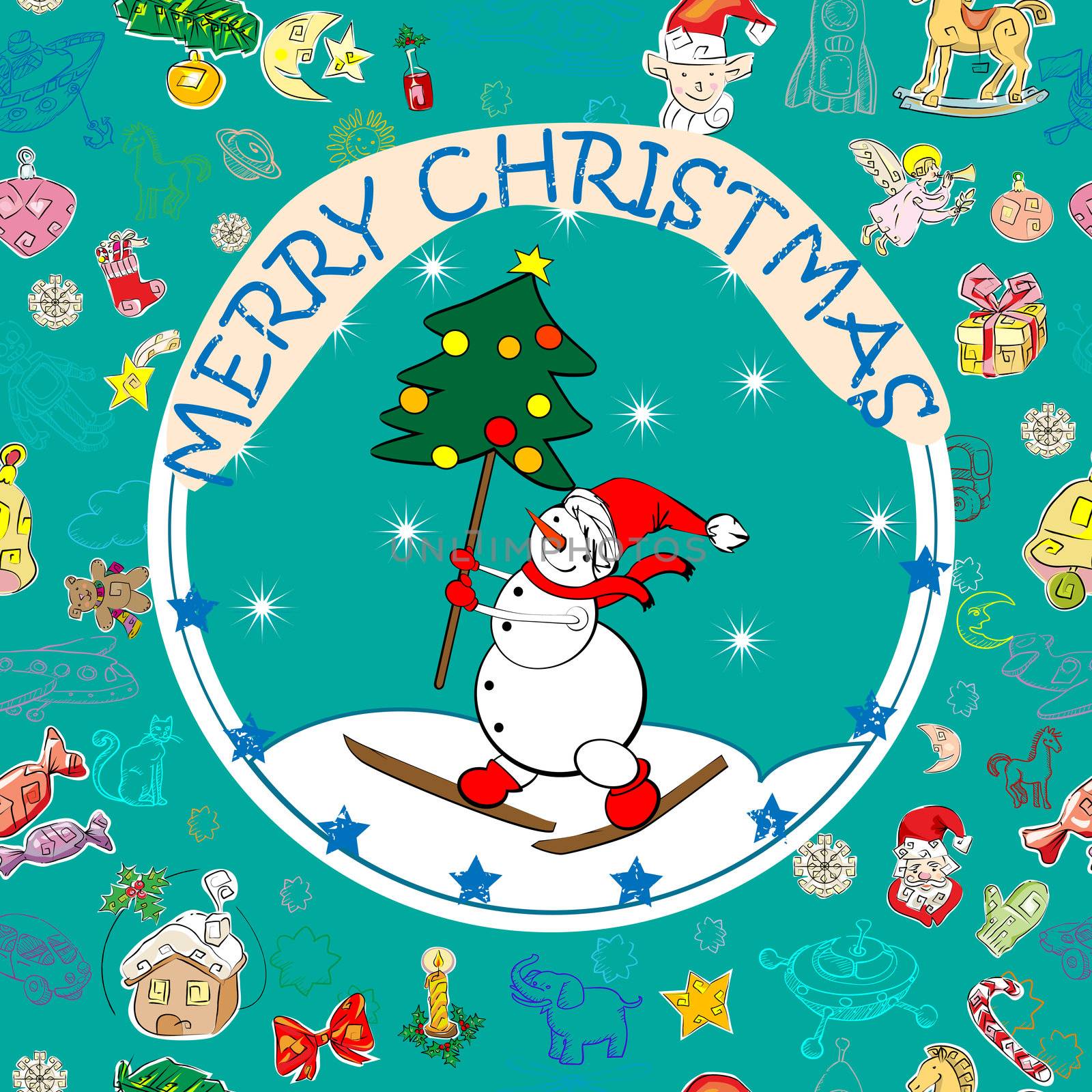 Christmas card with snowman and Christmas tree over a seamless pattern with season greetings icons