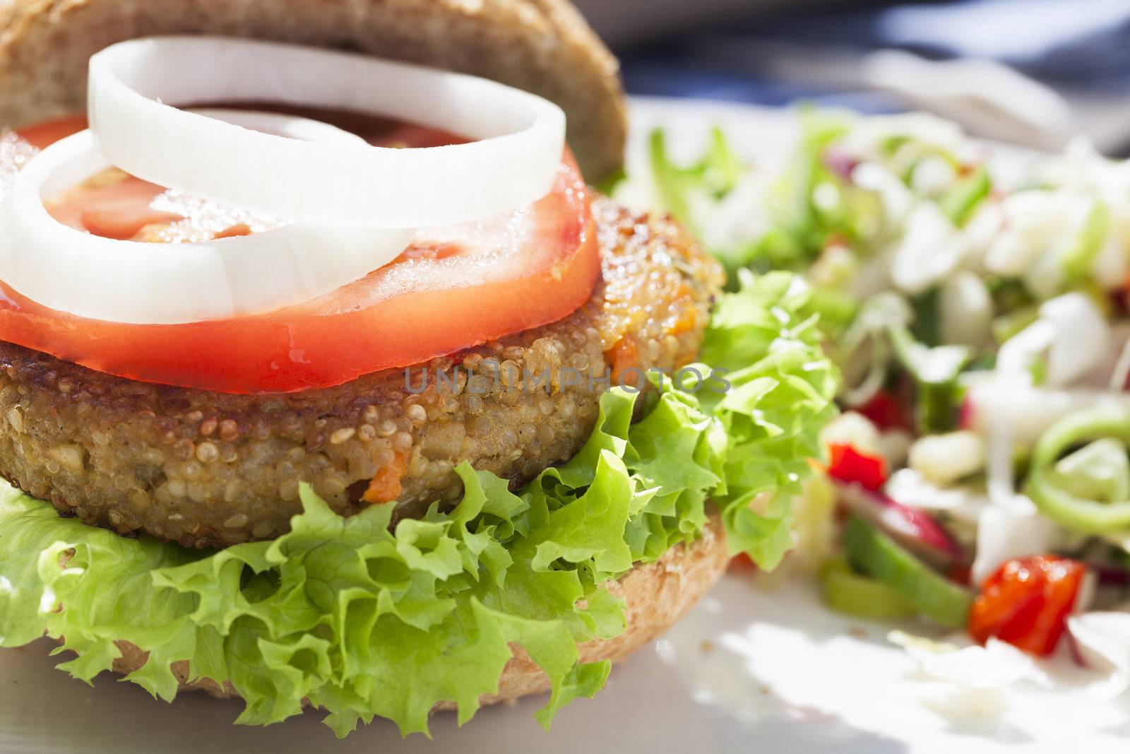 Tempting quinoa veggie burger with tomato and onion slices.