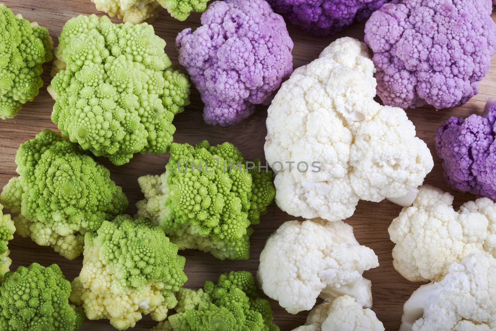 Romanesco, white and purple cauliflower from above.