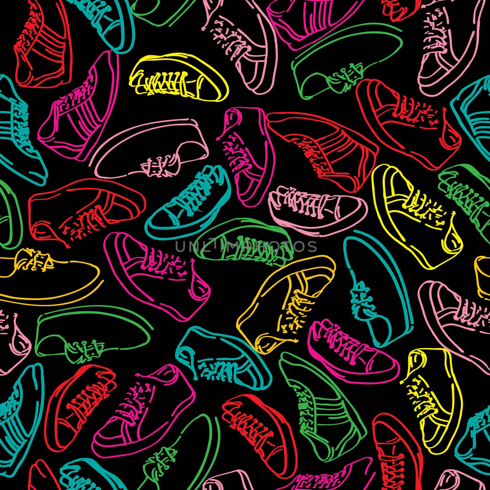 Hand drawn sketch tile pattern with snikers in colors.