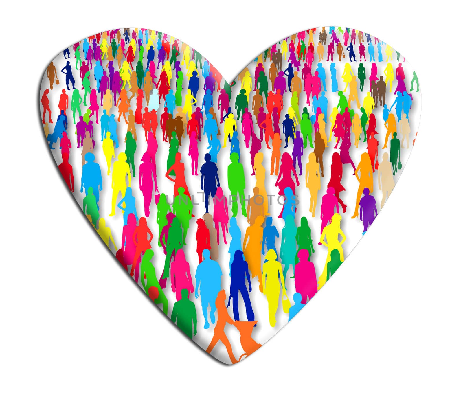 a crowd of people of all colors in a heart in relief on white background