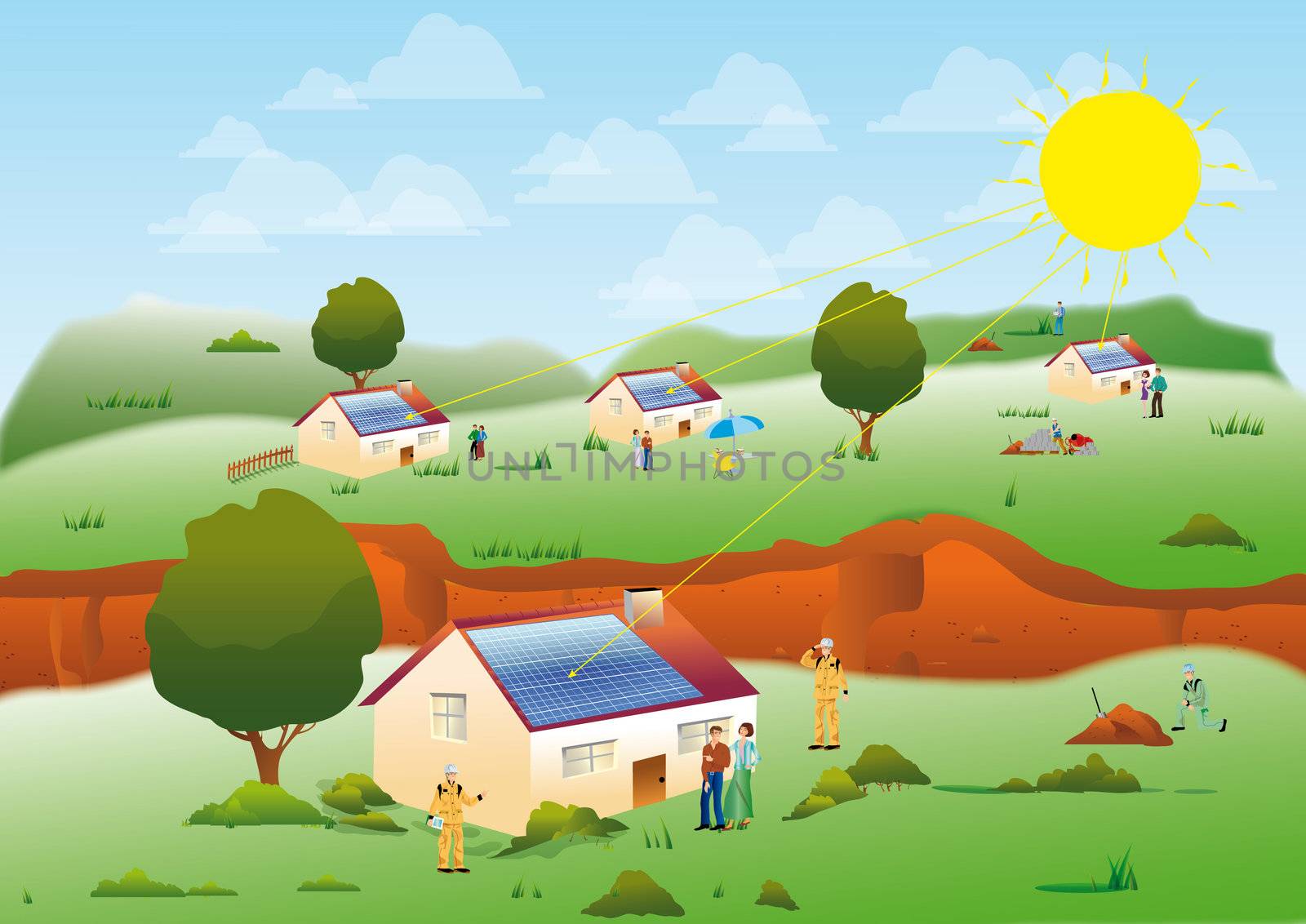 illustration of several solar homes located in a meadow for an environmentally sustainable electric power and renewable