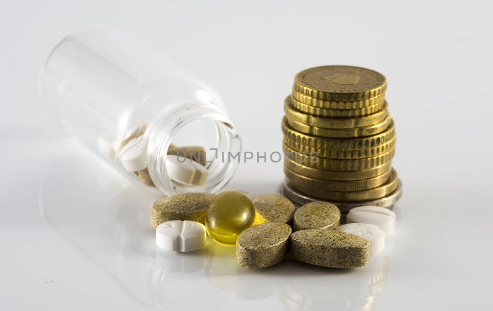 euro coins and medicine pills