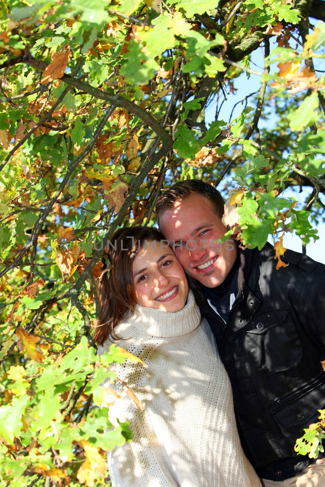 Attractive loving young couple posing close together amongst autumn foliage on a tree with copyspace Attractive loving young couple posing amongst autumn foliage on a tree with copyspace