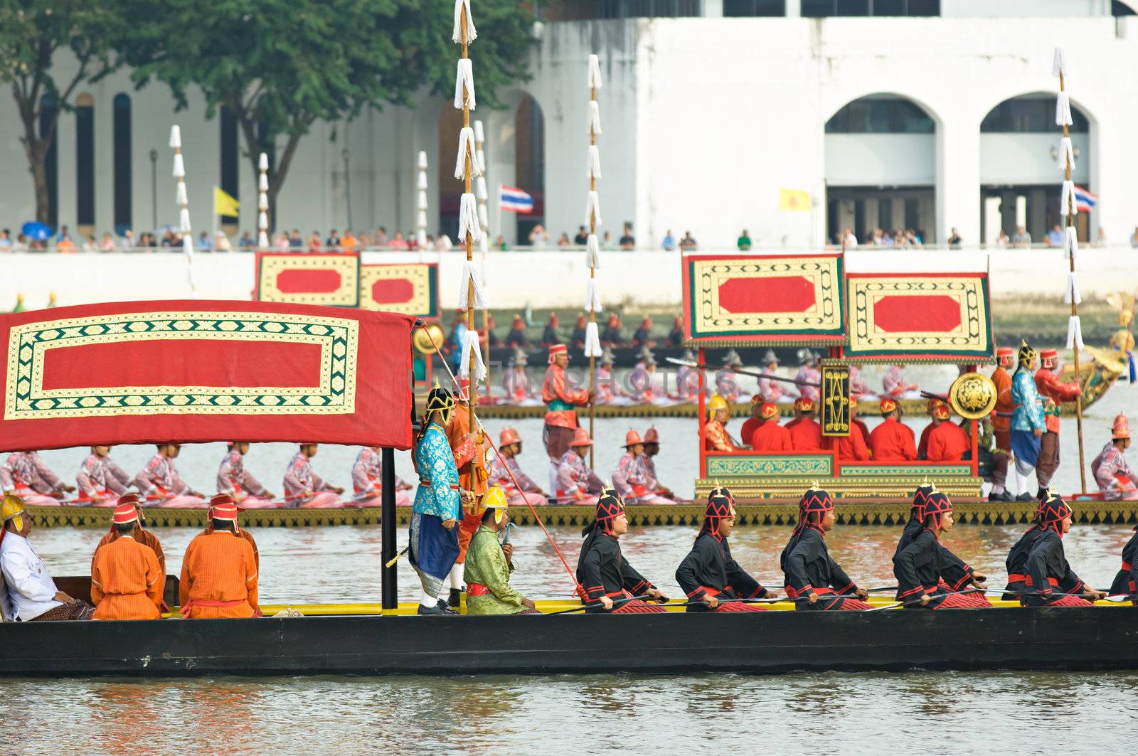 BANGKOK - NOVEMBER 2: Boats participating at a dress rehearsal for the Royal Barge Procession to celebrate the 85th birthday of King Bhumibol Adulyadej in Bangkok, Thailand on November 2, 2012.