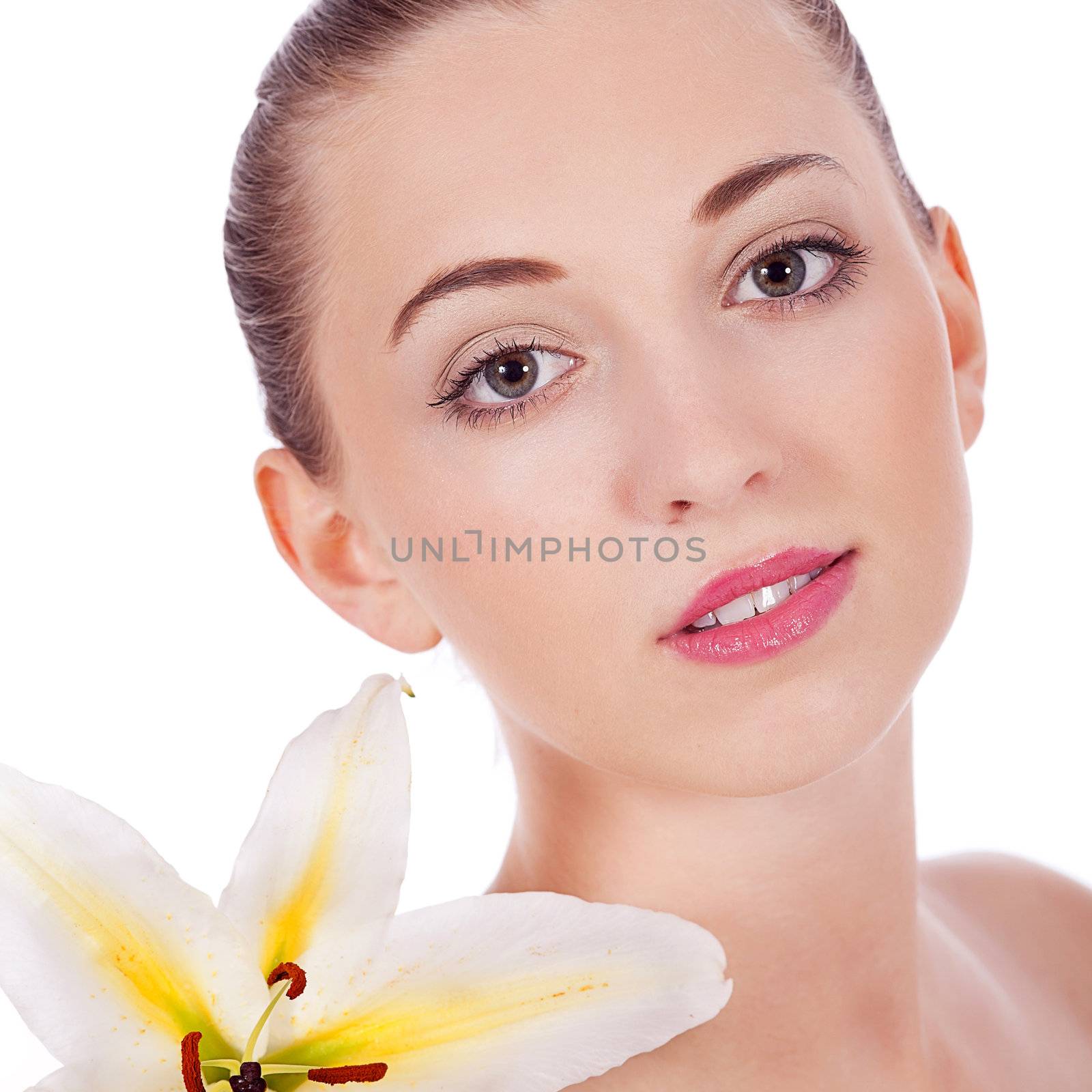 young beautiful woman portrait with white flower by juniart