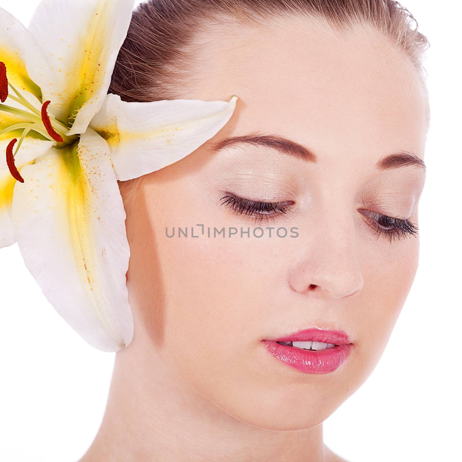 young beautiful woman portrait with white flower isloated