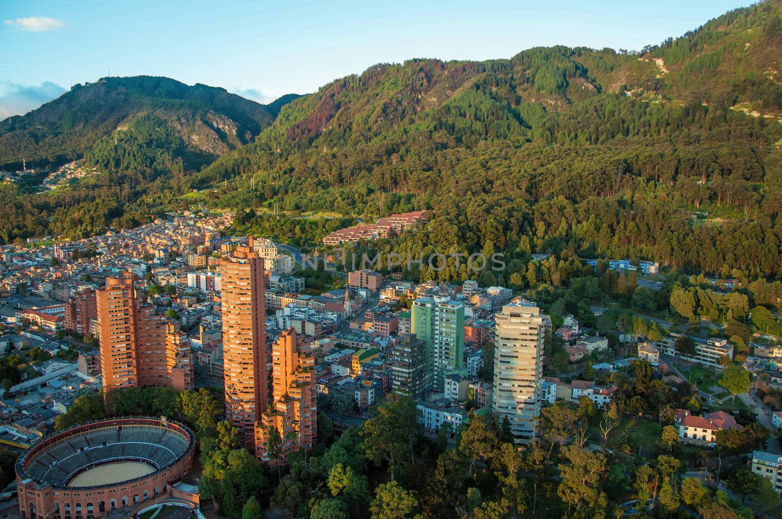 A view of the center of Bogota with the Andes in the background.