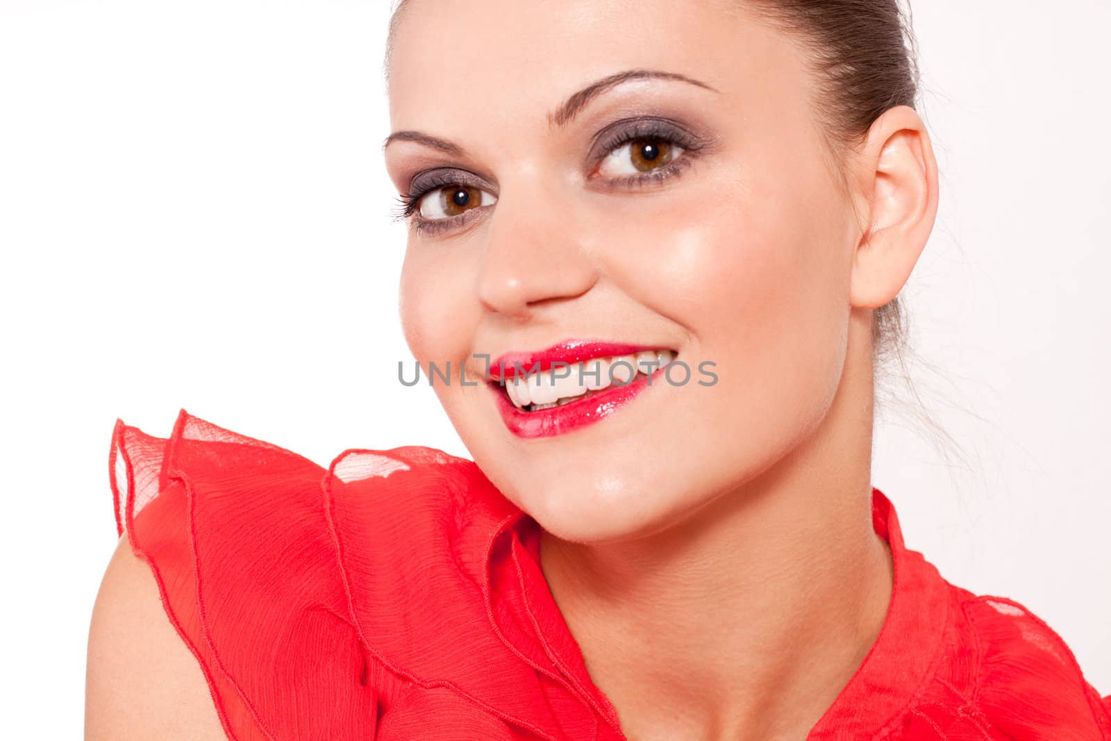 beautfiul brunette woman with red lips and big smile on white