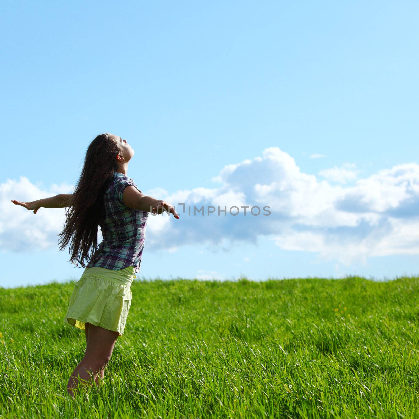 summer woman fly in blue sky